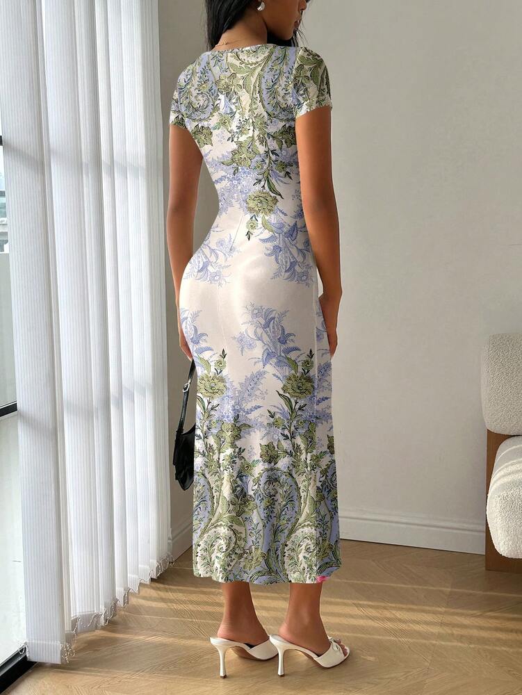 Women's Ruffle Mermaid Hem Bodycon Dress With Placement Print Elegant Chic Summer Vacation Dress Fashion Outfit For Parties And Travel
