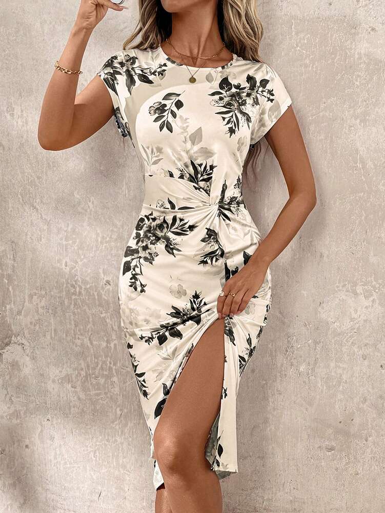 Women's Twist Knot Front Cinched Waist Split Hem Bodycon Dress Elegant Floral Midi Summer Dress Vacation Outfit Wedding Guest Clothing