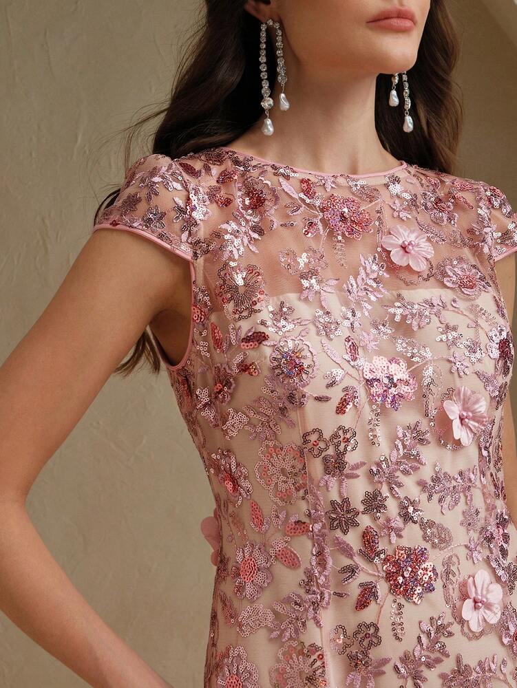 Women's Champagne Floral Mesh Sequin Short Sleeve Dress Elegant Party Outfit Resort Wear Vacation Sophisticated Festival Fashion Dress