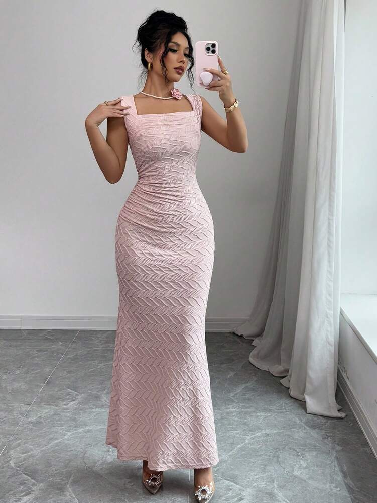 Women's Textured Knit Crew Neck Dress With Ruched Waist And Fishtail Hem Elegant Formal Outfit Chic Summer Party Wear For Ladies