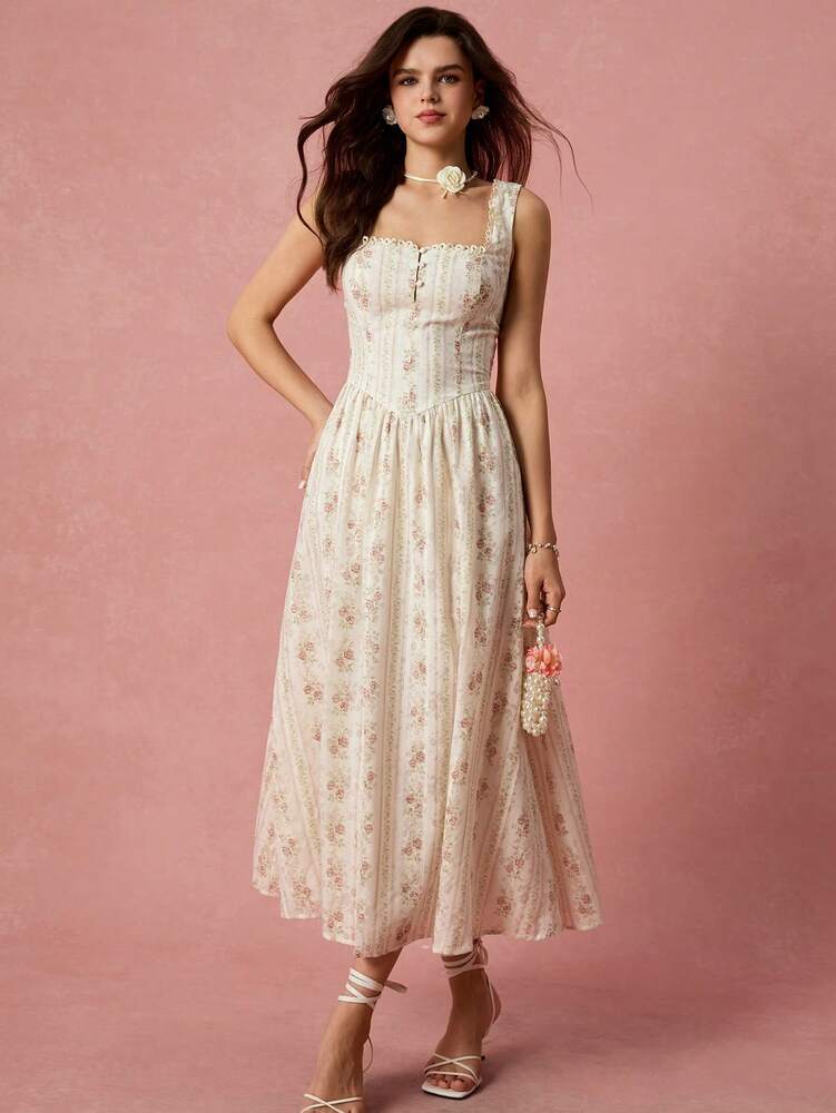 Women's Apricot Rose Print Square Neck Princess Dress With Cross Tie Back Elegant Romantic Vacation Outfit Graduation Wedding Guest