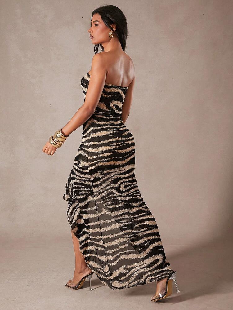 Women's Zebra Print Strapless Tube Top Maxi Dress With Ruffle Frill Hem Elegant Party Outfit High Low Evening Dress For Summer Wear