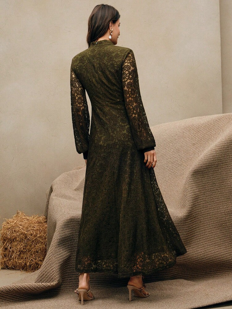 Women's Burgundy Lace Maxi Dress Elegant Long Sleeve Outfit Casual Party Wear Vacation Holiday Spring Summer Festival Evening Gown