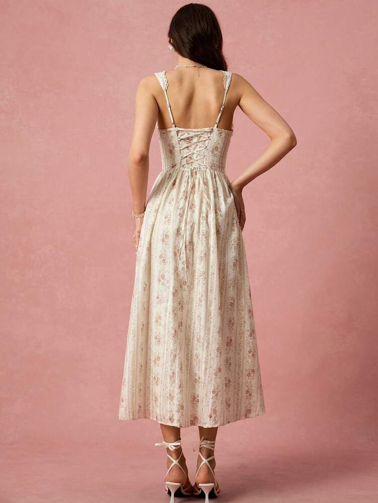Women's Apricot Rose Print Square Neck Princess Dress With Cross Tie Back Elegant Romantic Vacation Outfit Graduation Wedding Guest