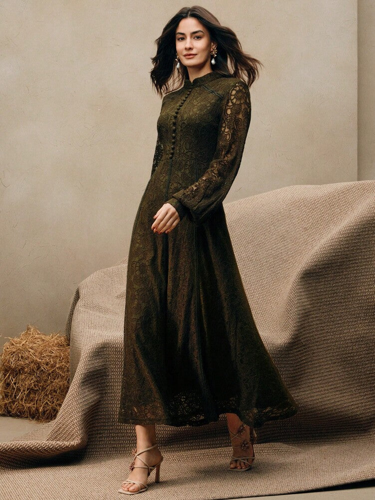 Women's Burgundy Lace Maxi Dress Elegant Long Sleeve Outfit Casual Party Wear Vacation Holiday Spring Summer Festival Evening Gown