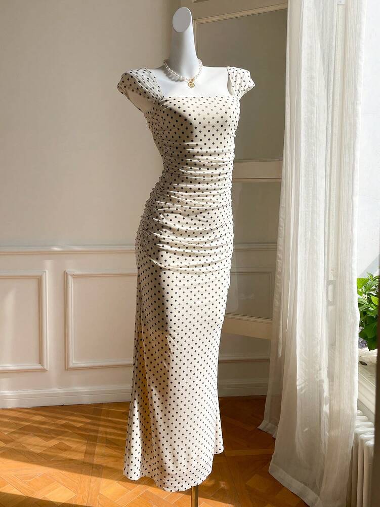 Women's Mesh Polka Dot Maxi Dress With Pleated Long Fishtail Hem Elegant Summer Party Outfit Casual Holiday Evening Dress For Ladies