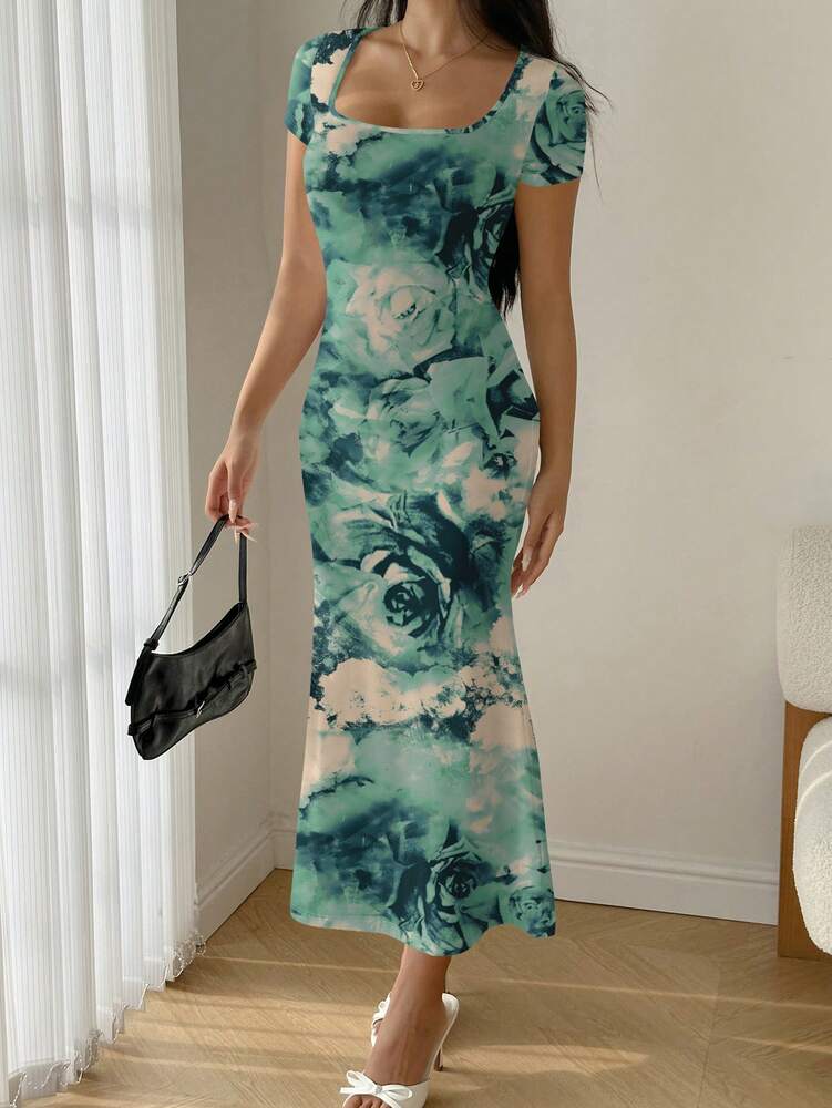 Women's Square Neck Mermaid Hem Ruffle Trim Bodycon Dress Elegant Summer Wear Outfit Suitable For Parties Casual Or Vacation Style
