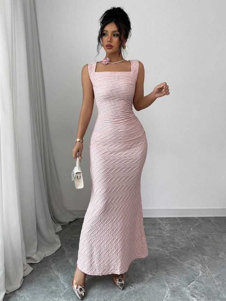 Women's Textured Knit Crew Neck Dress With Ruched Waist And Fishtail Hem Elegant Formal Outfit Chic Summer Party Wear For Ladies