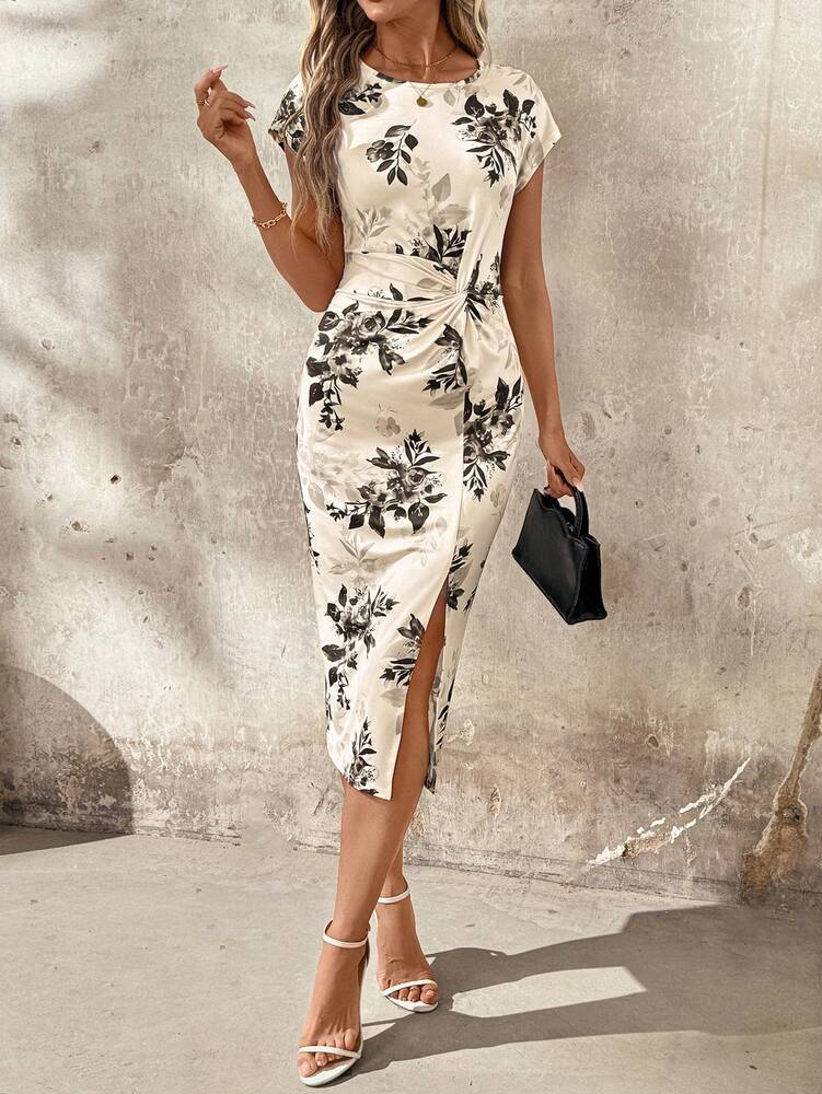 Women's Twist Knot Front Cinched Waist Split Hem Bodycon Dress Elegant Floral Midi Summer Dress Vacation Outfit Wedding Guest Clothing