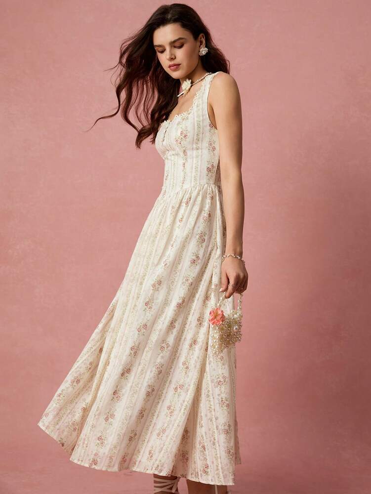 Women's Apricot Rose Print Square Neck Princess Dress With Cross Tie Back Elegant Romantic Vacation Outfit Graduation Wedding Guest
