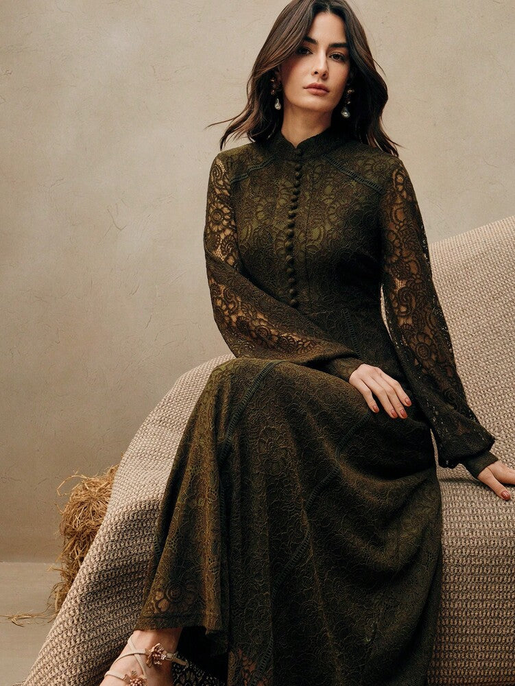 Women's Burgundy Lace Maxi Dress Elegant Long Sleeve Outfit Casual Party Wear Vacation Holiday Spring Summer Festival Evening Gown