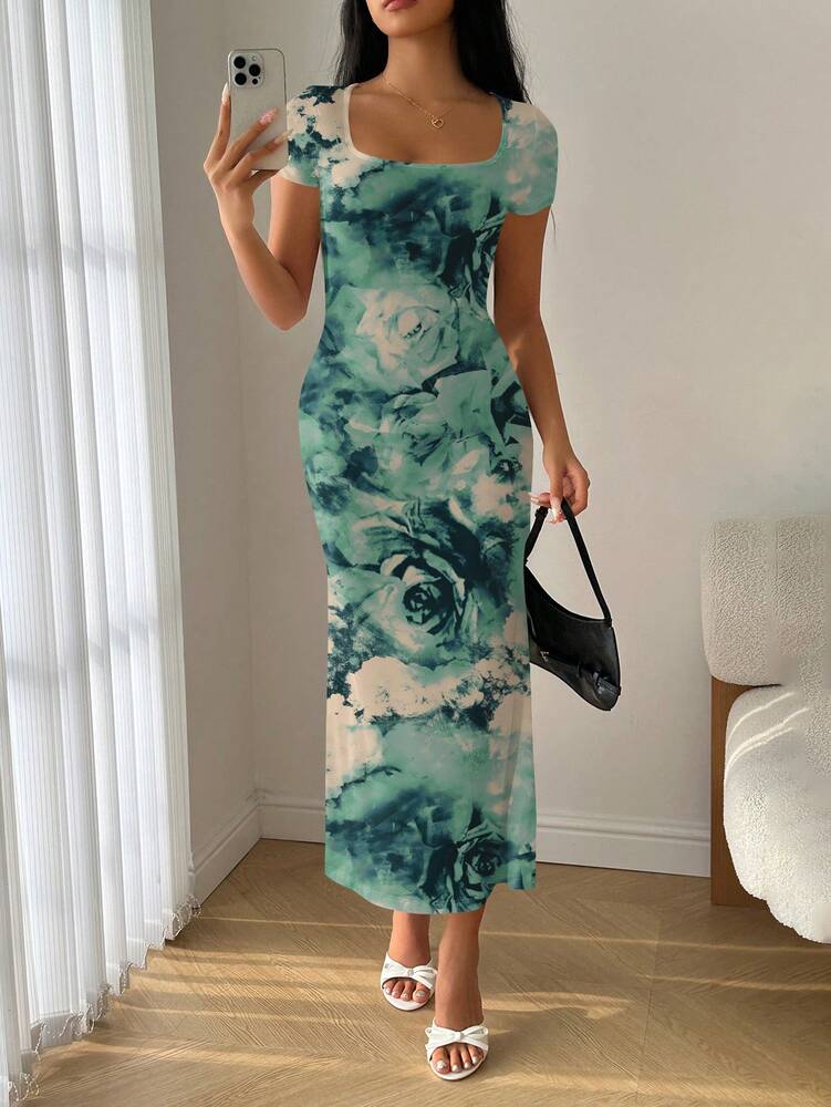 Women's Square Neck Mermaid Hem Ruffle Trim Bodycon Dress Elegant Summer Wear Outfit Suitable For Parties Casual Or Vacation Style