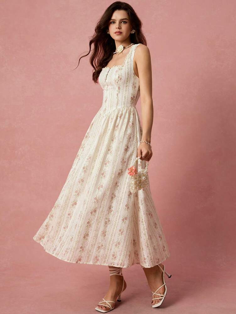 Women's Apricot Rose Print Square Neck Princess Dress With Cross Tie Back Elegant Romantic Vacation Outfit Graduation Wedding Guest