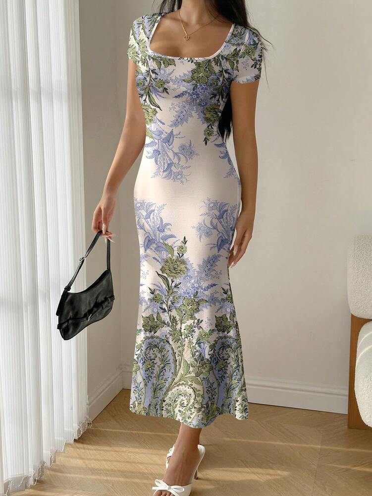 Women's Ruffle Mermaid Hem Bodycon Dress With Placement Print Elegant Chic Summer Vacation Dress Fashion Outfit For Parties And Travel