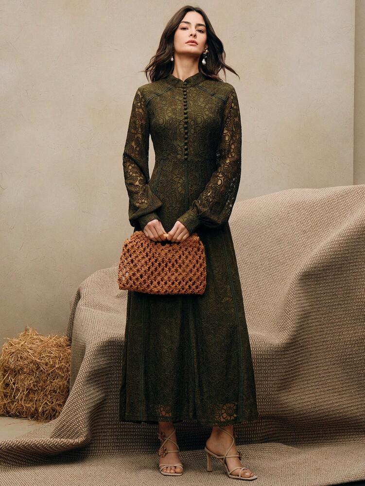 Women's Burgundy Lace Maxi Dress Elegant Long Sleeve Outfit Casual Party Wear Vacation Holiday Spring Summer Festival Evening Gown
