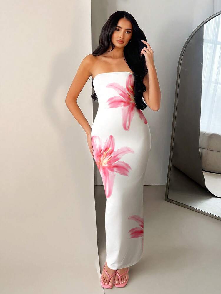 Women's Bandeau Fitted Long Dress Pink Floral Maxi Elegant Summer Party Dress Vacation Outfit Birthday Wedding Guest Beach Holiday Wear