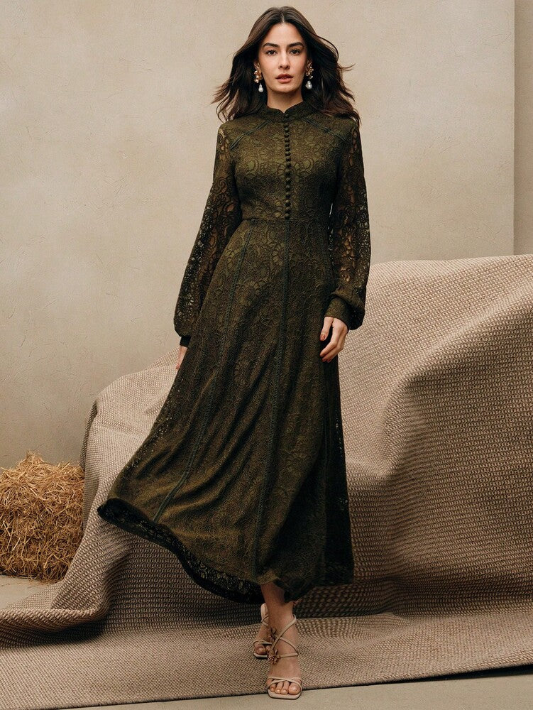 Women's Burgundy Lace Maxi Dress Elegant Long Sleeve Outfit Casual Party Wear Vacation Holiday Spring Summer Festival Evening Gown