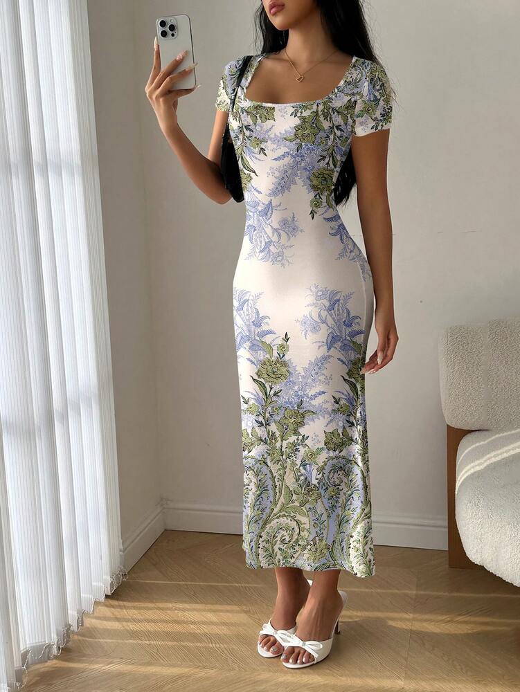 Women's Ruffle Mermaid Hem Bodycon Dress With Placement Print Elegant Chic Summer Vacation Dress Fashion Outfit For Parties And Travel