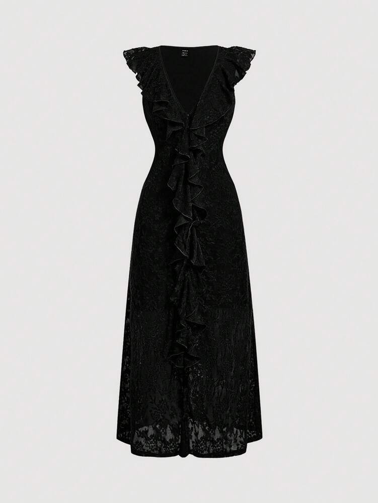 Women's Lace Patchwork Ruffle V Neck Mid Calf Dress Elegant Vacation Outfit Old Money Boho Style Summer Clothes Wedding Guest Fashion