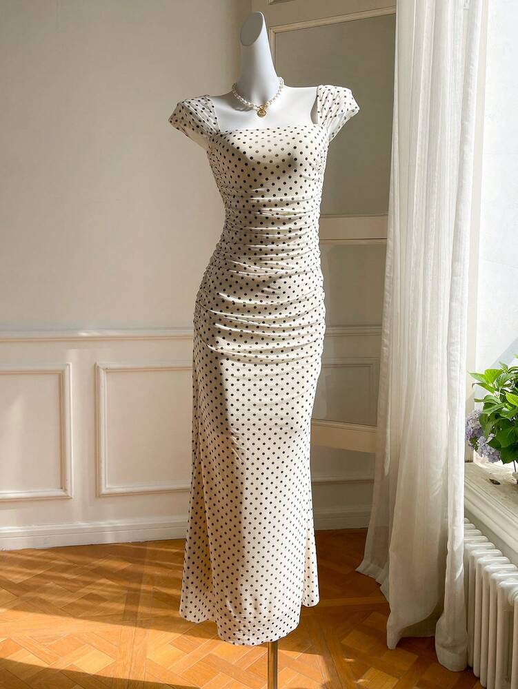 Women's Mesh Polka Dot Maxi Dress With Pleated Long Fishtail Hem Elegant Summer Party Outfit Casual Holiday Evening Dress For Ladies