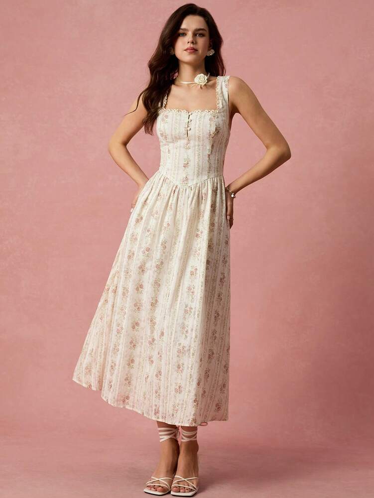 Women's Apricot Rose Print Square Neck Princess Dress With Cross Tie Back Elegant Romantic Vacation Outfit Graduation Wedding Guest