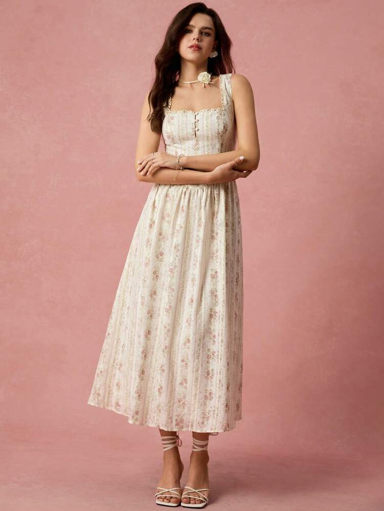Women's Apricot Rose Print Square Neck Princess Dress With Cross Tie Back Elegant Romantic Vacation Outfit Graduation Wedding Guest