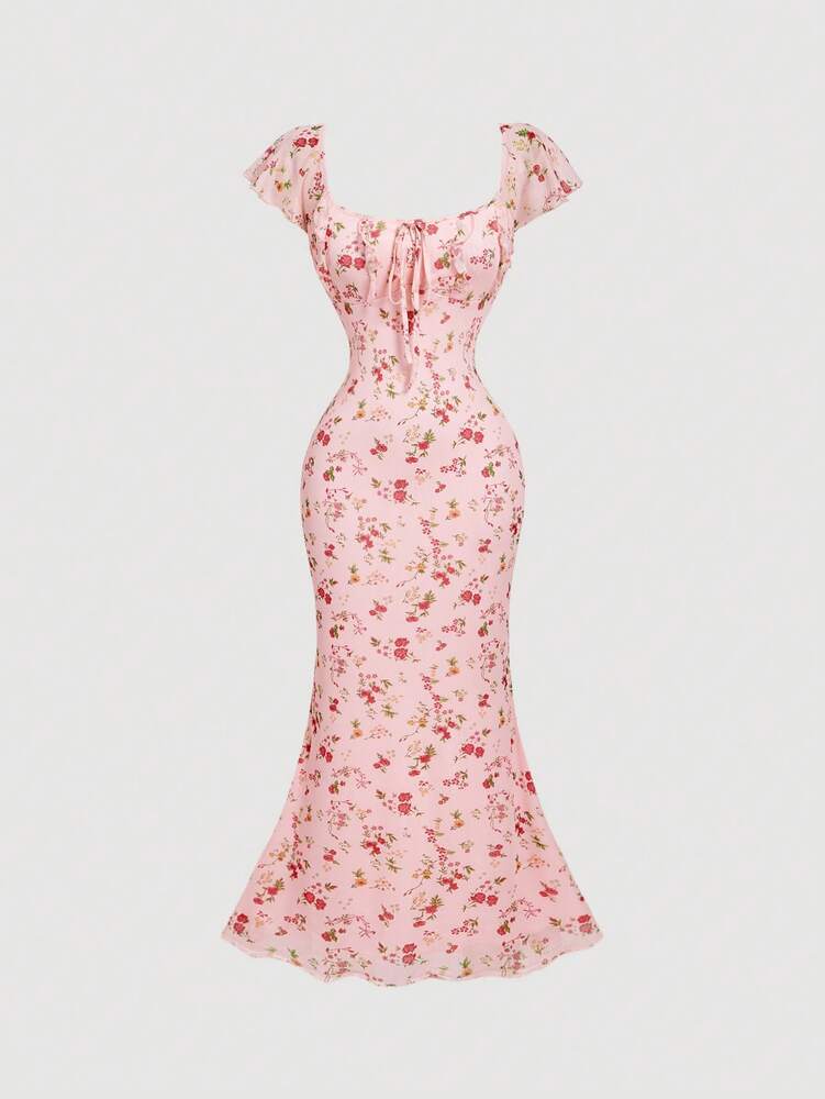 Women's Apricot Ditsy Floral Long Summer Dress Elegant Casual Vacation Outfit Holiday Beachwear Maxi Dress For Women Fashion Style