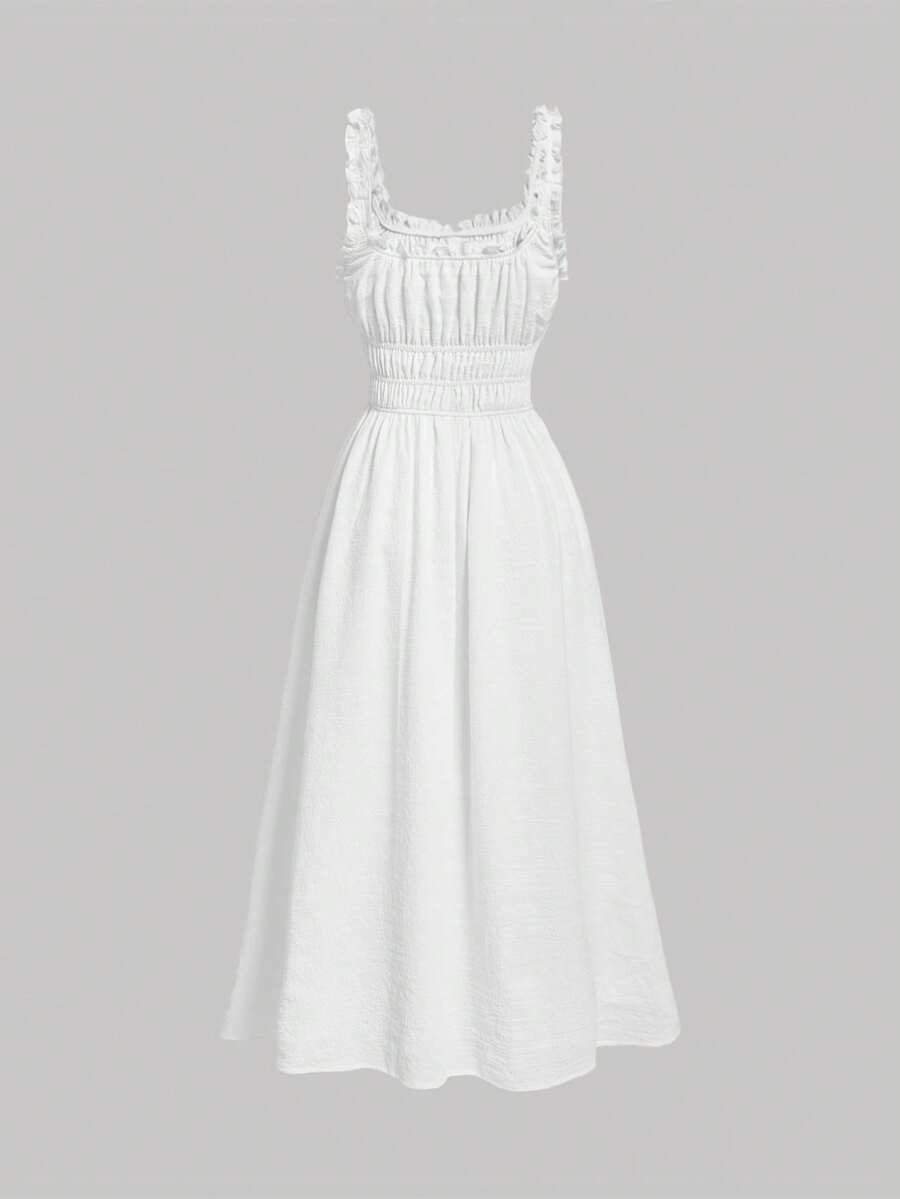 Women's Solid Color Pleated Summer Dress Simple Elegant Daily Wear Outfit Pastel Minimalist Vacation Clothing For Women Casual Style